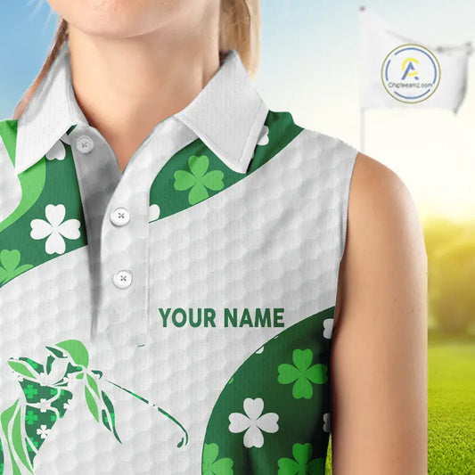 Personalized Green shamrock pattern Sleeveless Golf Polo Shirt custom St Patrick's Day golf gifts NQS11260