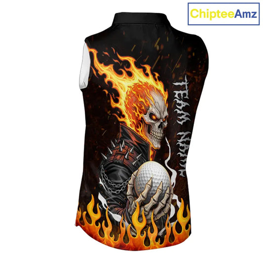 Custom Orange Flame Skull sleeveless women's golf shirts, team ladies golf tees cool golf gifts NQS11497