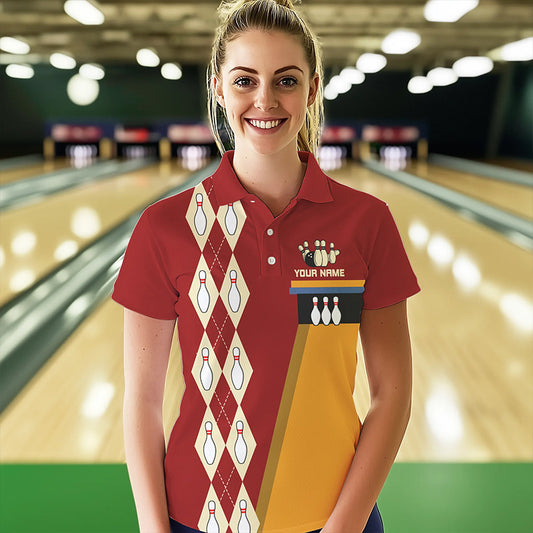 Red & Yellow Retro Bowling Polo, Quarter Zip shirt for Women Custom vintage team bowling jersey NQS9579