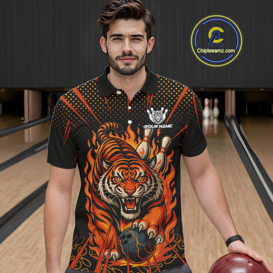 Personalized Tiger Bowling Shirts For men, Black and Orange Flame Team Tiger Bowling Jerseys NQS11110