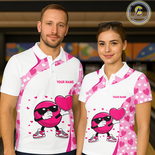 Custom funny bowling ball pink heart pattern matching bowling shirts for couples, Valentine gifts NQS11325