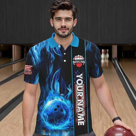 Blue Flame American Flag Men Bowling Polo, Quarter Zip Shirt Custom Patriotic Bowling Team Jerseys NQS9439