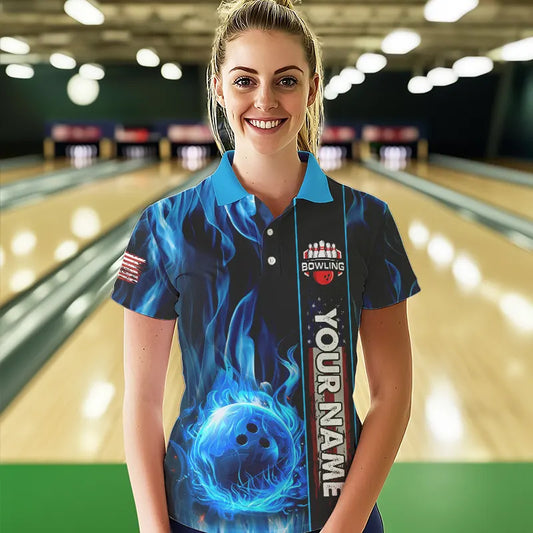 Blue Flame American Flag Women Bowling Polo, Quarter Zip Shirt Custom Patriotic Bowling Team Jerseys NQS9439