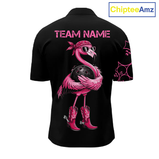 Funny Cute Pink Flamingo Custom Black and Pink Bowling Shirts For Men, Flamingo Bowling Team Outfits NQS11545