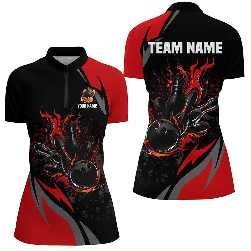 Custom Black And Red Flame Bowling Shirts For Women, Bowling Ball and Pins Team Bowling League Jerseys NQS8346