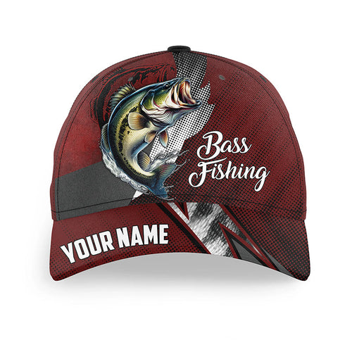 Largemouth bass fishing camo hats for men, women custom name baseball best fishing hat | Red NQS7363