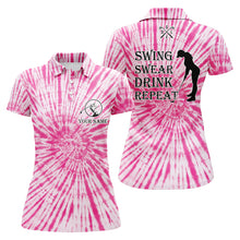 Load image into Gallery viewer, Funny Womens golf polos shirts custom name swing swear drink repeat pink tie dye pattern golf shirts NQS5576