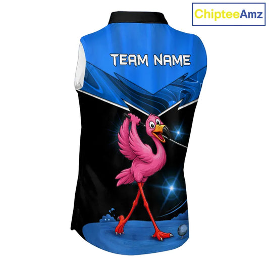 Funny Flamingo Blue Sleeveless Golf Shirt Custom Flamingo Team ladies golf tops, funny golf gifts NQS11676