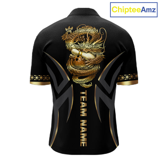Black and Gold Dragon Bowling ball Polo, Quarter Zip Shirts for Men Custom Bowling Team jerseys NQS11579