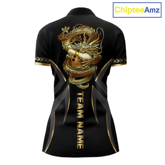 Black and Gold Dragon Bowling ball Polo, Quarter Zip Shirts for Women Custom Bowling Team jerseys NQS11579