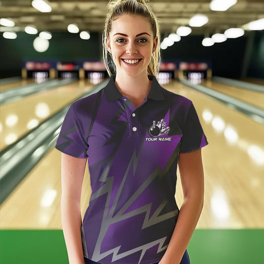 Purple Lightning Thunder Storm Team bowling shirts for women custom bowling Polo, Quarter zip jerseys NQS9625
