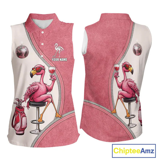 Custom Funny Pink Flamingo Drink Wine Women Sleeveless Golf Polo Shirts, Flamingo Ladies Golf tops NQS11711