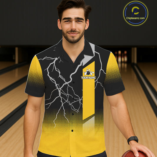 Personalized black & yellow bowling button-up shirt lightning thunder custom bowling hawaiian shirt NQS11377