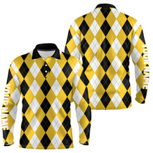 Load image into Gallery viewer, Mens golf polo shirt custom yellow argyle plaid pattern golf attire for men NQS8044