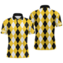 Load image into Gallery viewer, Mens golf polo shirt custom yellow argyle plaid pattern golf attire for men NQS8044