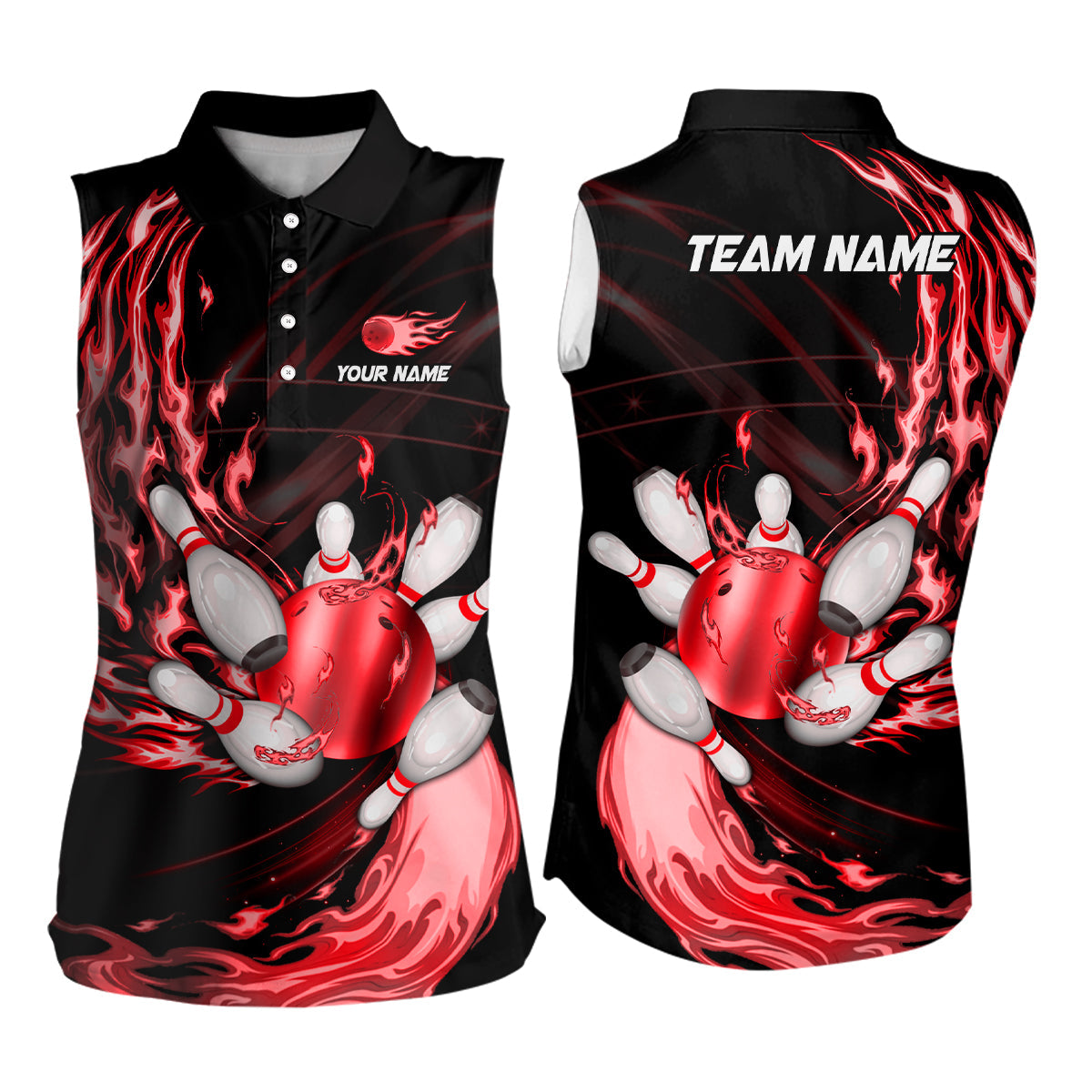 Black Bowling Sleeveless Polo shirt Custom Red flame Bowling ball and pins Team league bowler Jerseys NQS8484