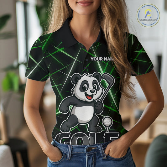 Black and Green Funny Panda Playing Golf Polo Shirt For Women Custom ladies golf clothes golf gift NQS10740