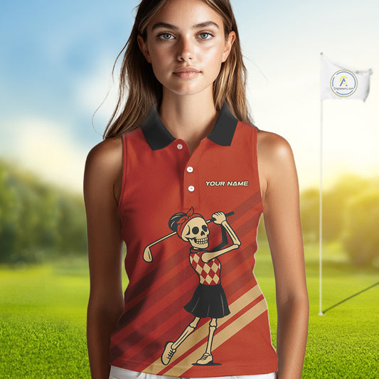 Funny argyle pattern Skull Women Sleeveless Polo Shirt Custom ladies golf attire, cool golf gift| Red NQS10251