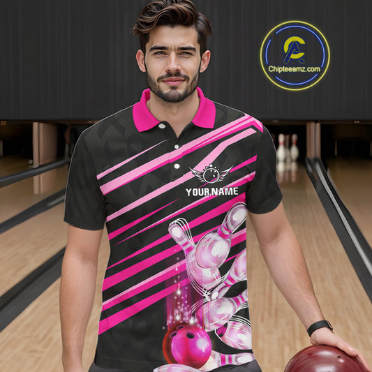 Pink and Black ribbon pattern Men Bowling Shirts Custom breast cancer awareness Team Bowling Jersey NQS10116