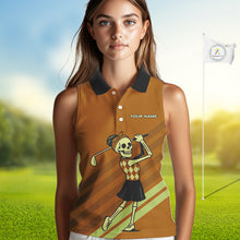 Load image into Gallery viewer, Funny argyle pattern Skull Sleeveless Polo Shirt Custom ladies golf attire, cool golf gift | Orange NQS10656