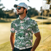 Load image into Gallery viewer, Green tropical leaf pattern pink flower funny Golf polo shirts For Men Custom mens golf outfits NQS10023