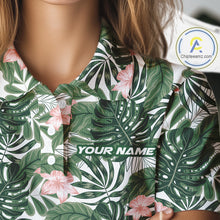 Load image into Gallery viewer, Green tropical leaf pattern pink flower funny Golf polo shirts for Women Custom ladies golf outfits NQS10023