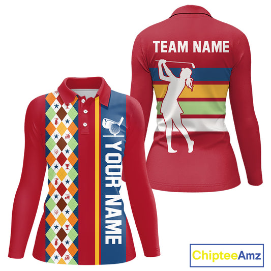 Retro colorful argyle pattern Women golf polo shirt custom Team Golf Outfits for ladies | Red NQS10327