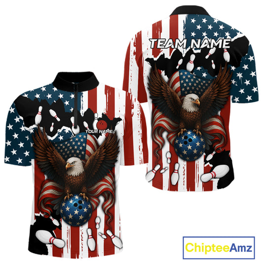American Flag Eagle Bowling Polo, Quarter Zip Shirts For Men Custom Patriotic Team Bowling Jersey NQS10572
