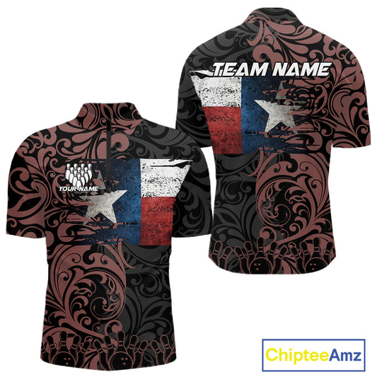 Texas Flag tribal pattern Bowling Polo, 1/4 Zip shirts for men Custom patriotic Team bowling jersey NQS10583