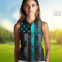 Load image into Gallery viewer, Custom Turquoise Grunge American Flag Patriotic Skull Sleeveless Golf Polo Shirt, Retro Golf top NQS10481