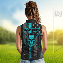 Load image into Gallery viewer, Custom Turquoise Grunge American Flag Patriotic Skull Sleeveless Golf Polo Shirt, Retro Golf top NQS10481