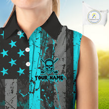 Load image into Gallery viewer, Custom Turquoise Grunge American Flag Patriotic Skull Sleeveless Golf Polo Shirt, Retro Golf top NQS10481
