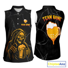 Load image into Gallery viewer, Golf and beer Sleeveless polo shirt Custom black and gold skull ladies golf attire Halloween outfit NQS10519