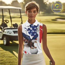 Load image into Gallery viewer, Red, White & Blue American Flag Eagle Women Sleeveless Polo Shirt Custom Patriotic Ladies Golf attire NQS10640