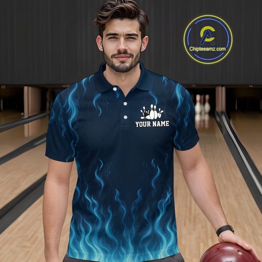 Blue flame lightning thunder Bowling polo, quarter zip shirts for men custom Bowling team jerseys NQS10387