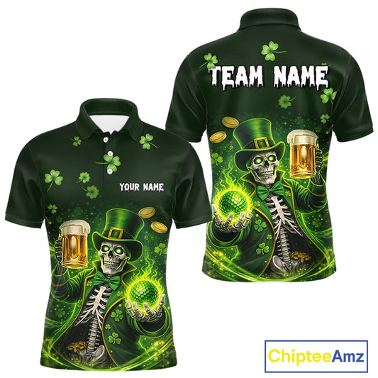 Funny Skull drink beer St Patrick's day Green shamrock Mens Golf Polo Shirts Custom mens golf apparel NQS11411