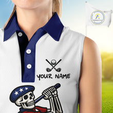 Load image into Gallery viewer, Red, White and Blue American Flag Skull Sleeveless Golf polo shirt custom patriotic ladies golf top NQS10851