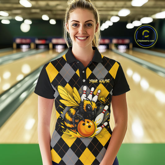 Black and Yellow argyle pattern Honey Bee Bowling shirts for Women Custom Team bowling jerseys NQS11250