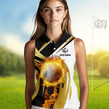 Load image into Gallery viewer, Black & White Gold Flame Women Sleeveless Polo Shirt custom team ladies golf attire, golf gifts NQS10905