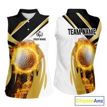 Load image into Gallery viewer, Black & White Gold Flame Women Sleeveless Polo Shirt custom team ladies golf attire, golf gifts NQS10905