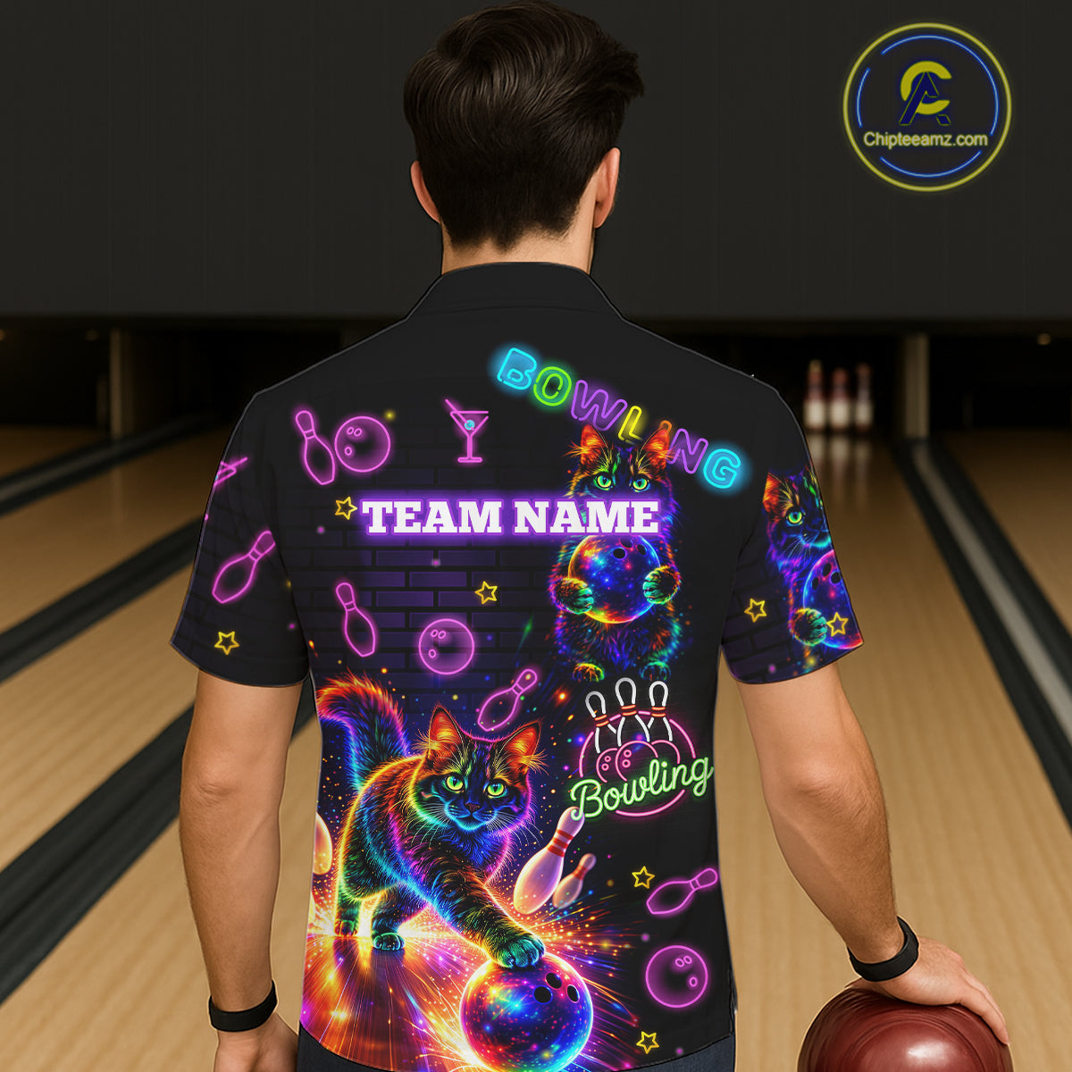 Custom Funny Cat Neon Hawaiian Bowling Jerseys Bowling Outfit, Bowling Team button up Shirts NQS11515
