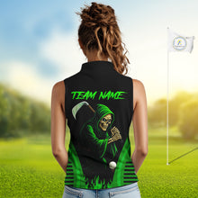 Load image into Gallery viewer, Black and Green Flame Skull Reaper Women Sleeveless Polo Shirt Custom team golf outfits for ladies NQS10713