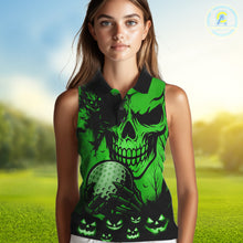 Load image into Gallery viewer, Skull Women's Sleeveless Polo Shirt Halloween Golf Outfits, Halloween golf gifts | Green NQS10660