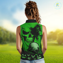 Load image into Gallery viewer, Skull Women's Sleeveless Polo Shirt Halloween Golf Outfits, Halloween golf gifts | Green NQS10660