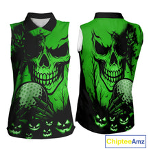 Load image into Gallery viewer, Skull Women's Sleeveless Polo Shirt Halloween Golf Outfits, Halloween golf gifts | Green NQS10660