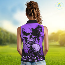 Load image into Gallery viewer, Skull Women's Sleeveless Polo Shirt Halloween Golf Outfits, Halloween golf gifts | Purple NQS10661