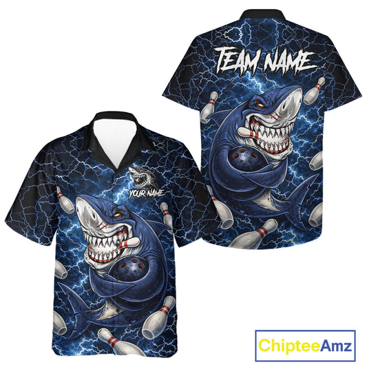 Blue Lightning Thunder Angry Shark Bowling button-up shirts Custom Shark Hawaiian Bowling Team Jersey NQS11539