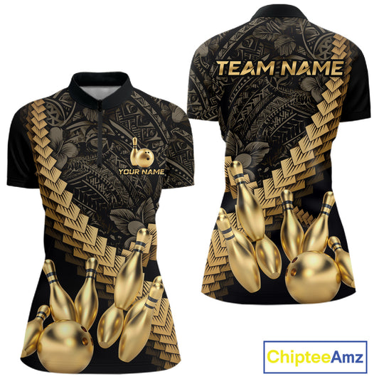 Custom Black & Gold tribal pattern Bowling Polo, 1/4 zip Shirts For Women, Team Bowling League jersey NQS11591