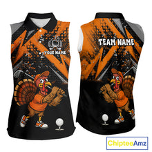 Load image into Gallery viewer, Custom Funny Turkey Ladies Golf top Black & Orange camo Thanksgiving Women Sleeveless Golf polo shirt NQS10672
