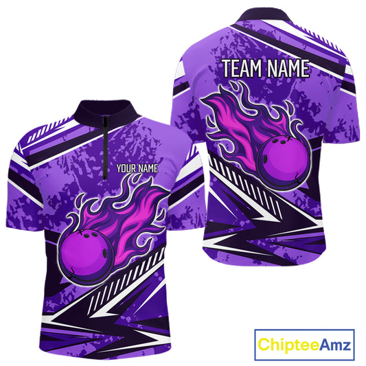 Purple Camo Flame Bowling Shirts For Men Custom Bowling Team Jerseys NQS10754